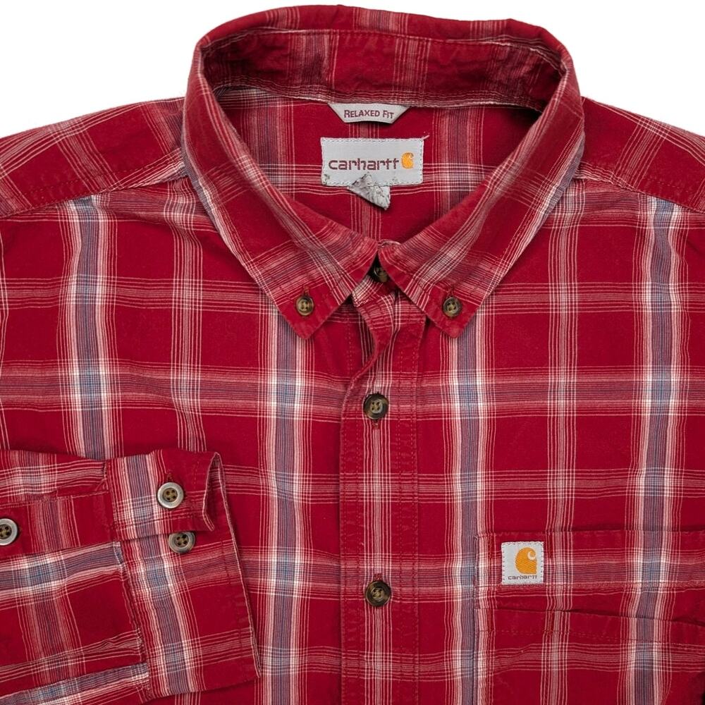 Carhartt Relaxed Fit Plaid Button Down Shirt Mens Medium Red‎ Gray Work Outdoor